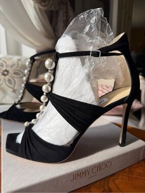 Jimmy Choo Aura 95 Black Pearl-T-Strap Stiletto Sandals